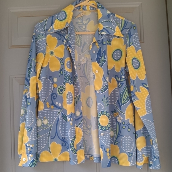 Women's Vintage Blouse Daisies Tulips Daisy 60s 70s Size Small Hippie Seventies - Picture 10 of 11